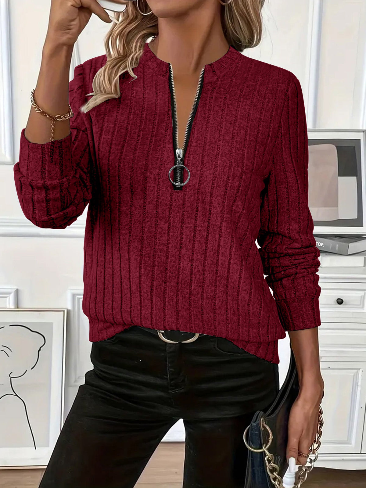 Women's Ribbed Knit Top – Zip-Up Collar, Relaxed Fit