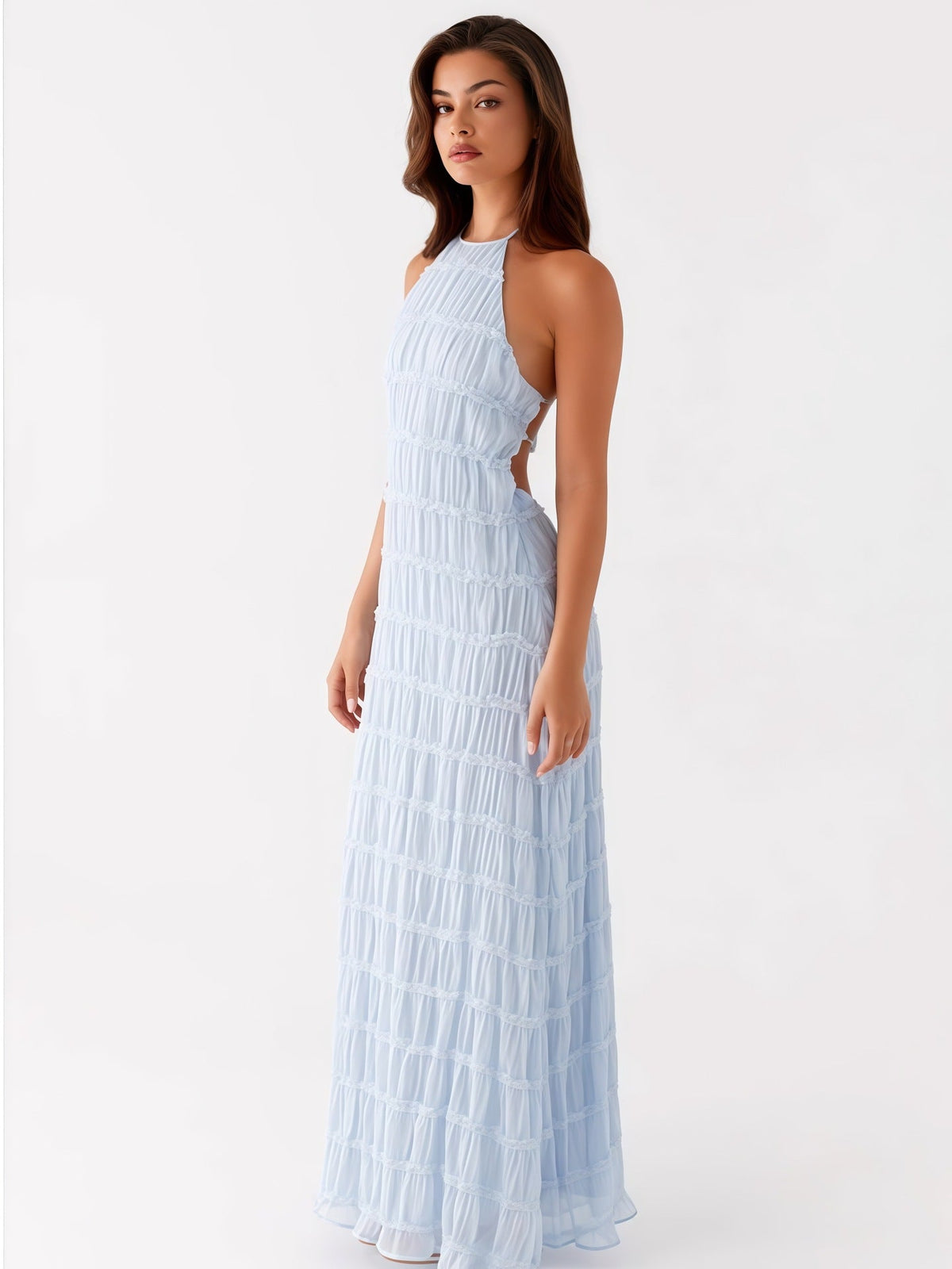 Women's Striped Pleated Maxi Dress – Elegant Halter Open Back