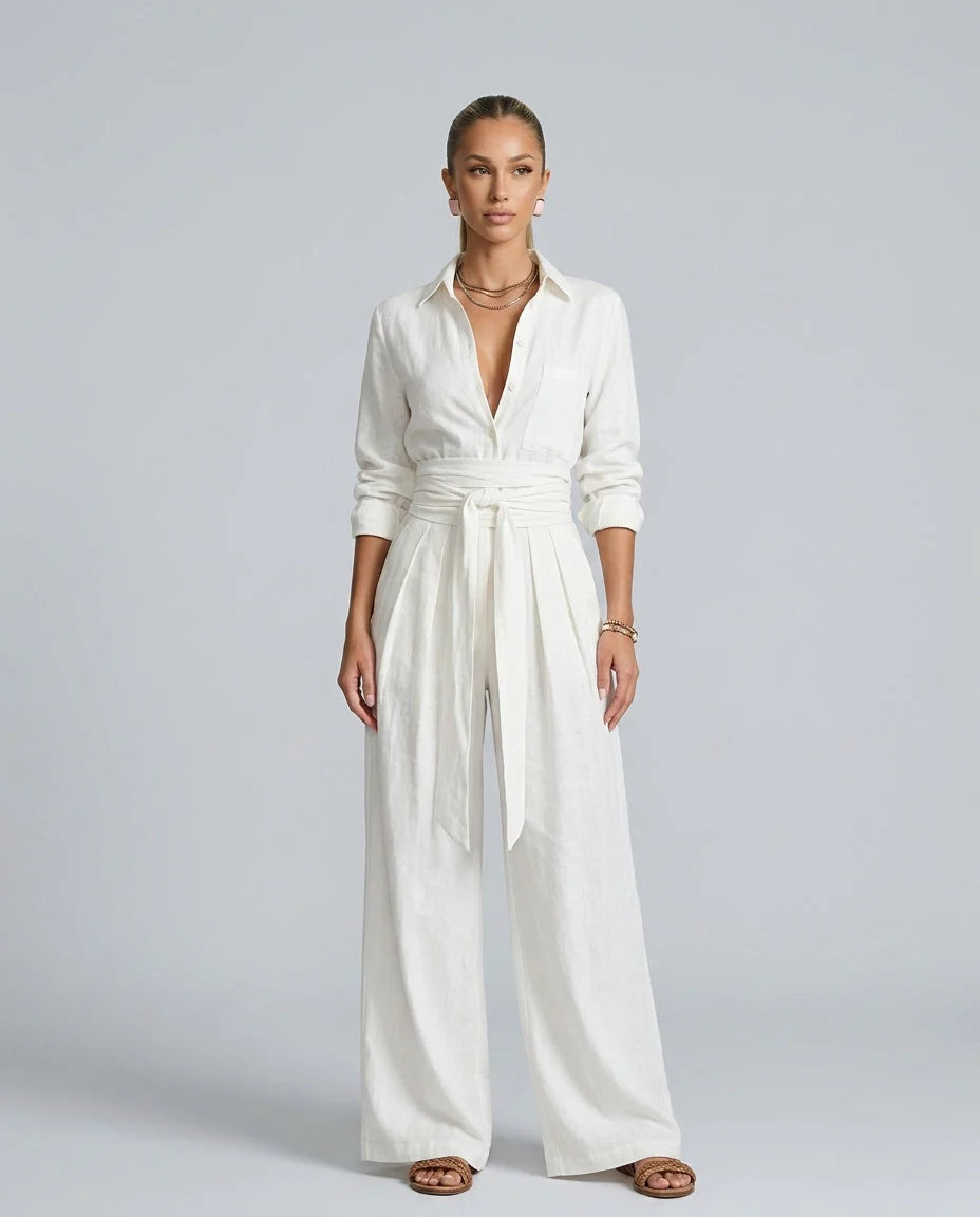 Women's Two-Piece Linen-Cotton Set – Tie Belt, Long Sleeves