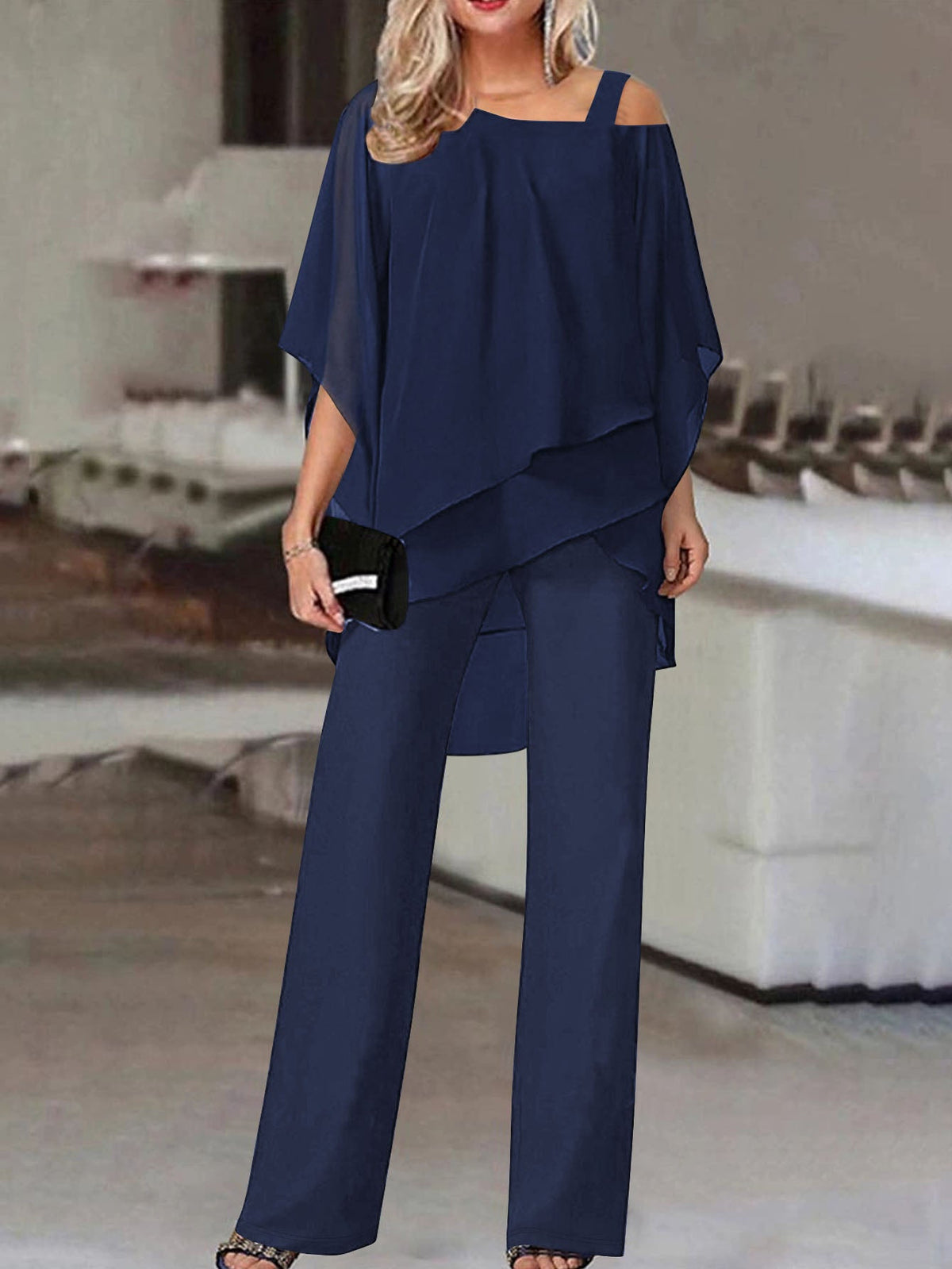 Women's Two-Piece Set – Asymmetrical Ruffle Blouse and Wide-Leg Trousers