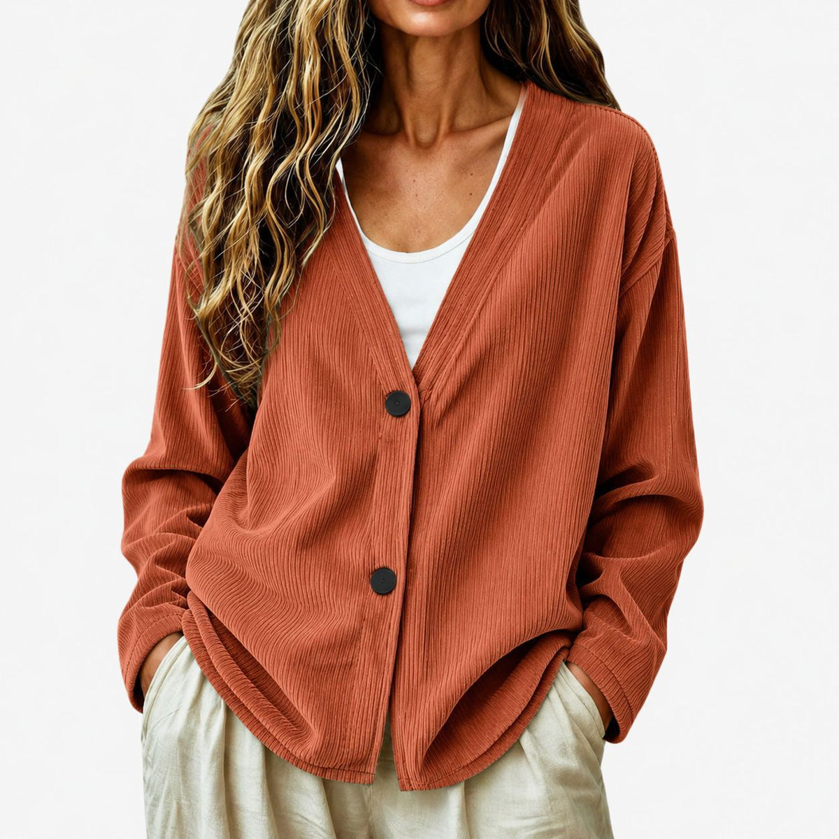 Women's Corduroy-Effect Cardigan – Relaxed Buttoned Fit
