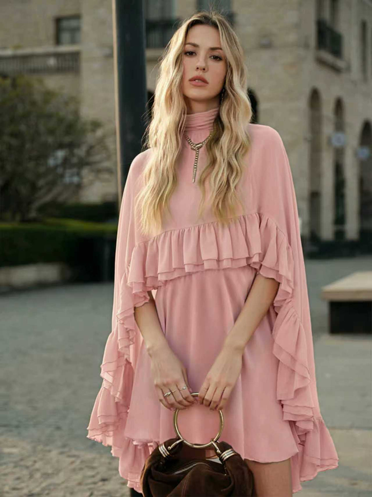 Women's Chiffon-Style Midi Dress – Elegant Ruffles