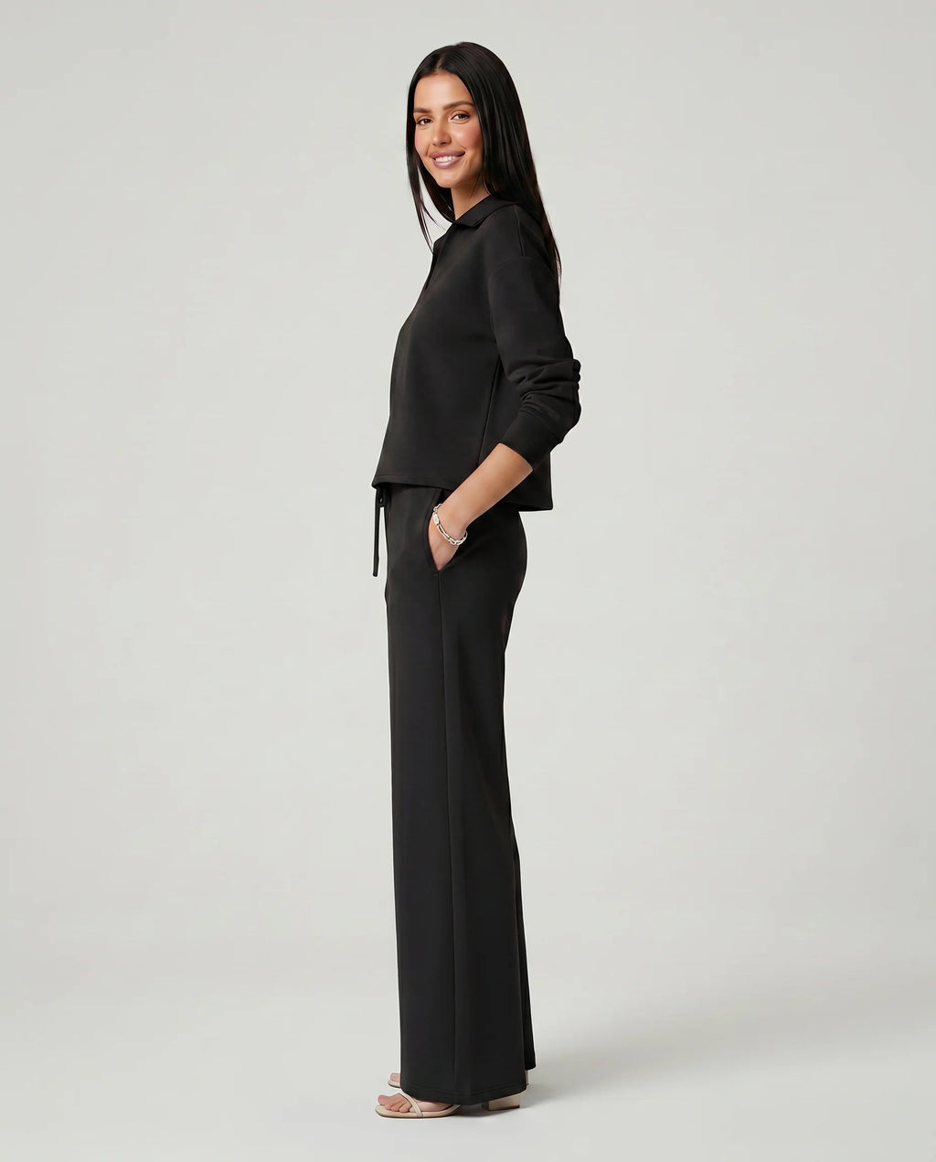 Women's Two-Piece Set – Relaxed V-Neck Top and Wide-Leg Trousers