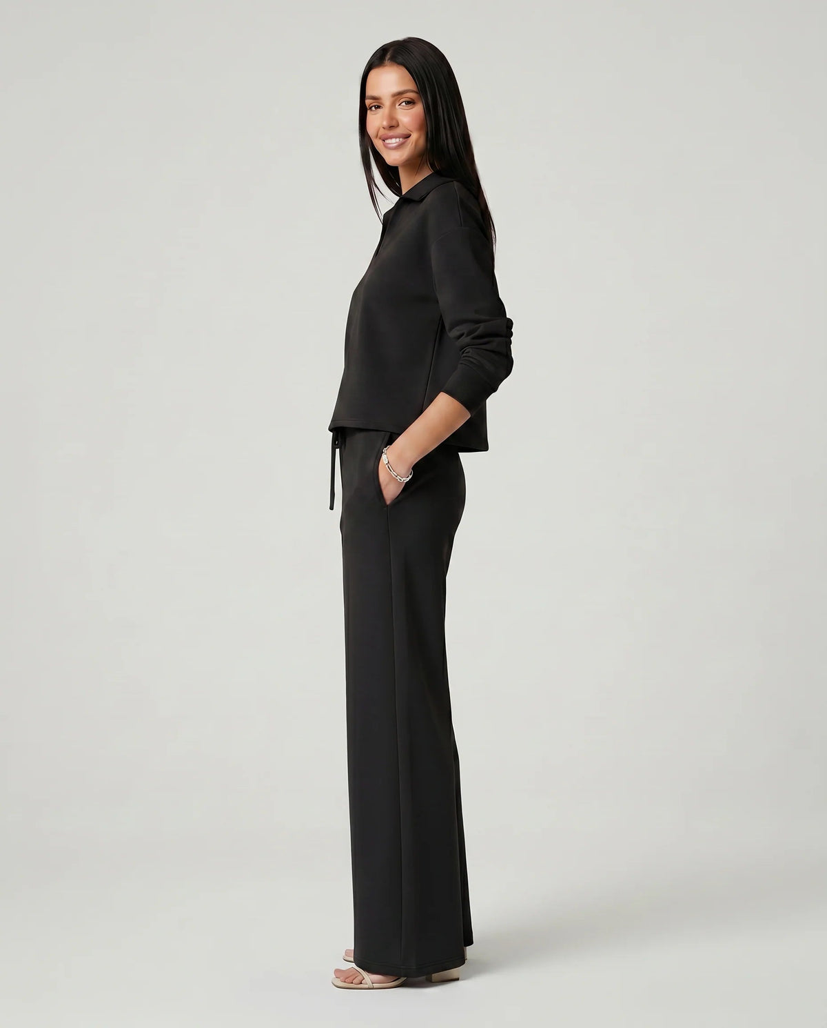Women's Two-Piece Set – Relaxed V-Neck Top and Wide-Leg Trousers