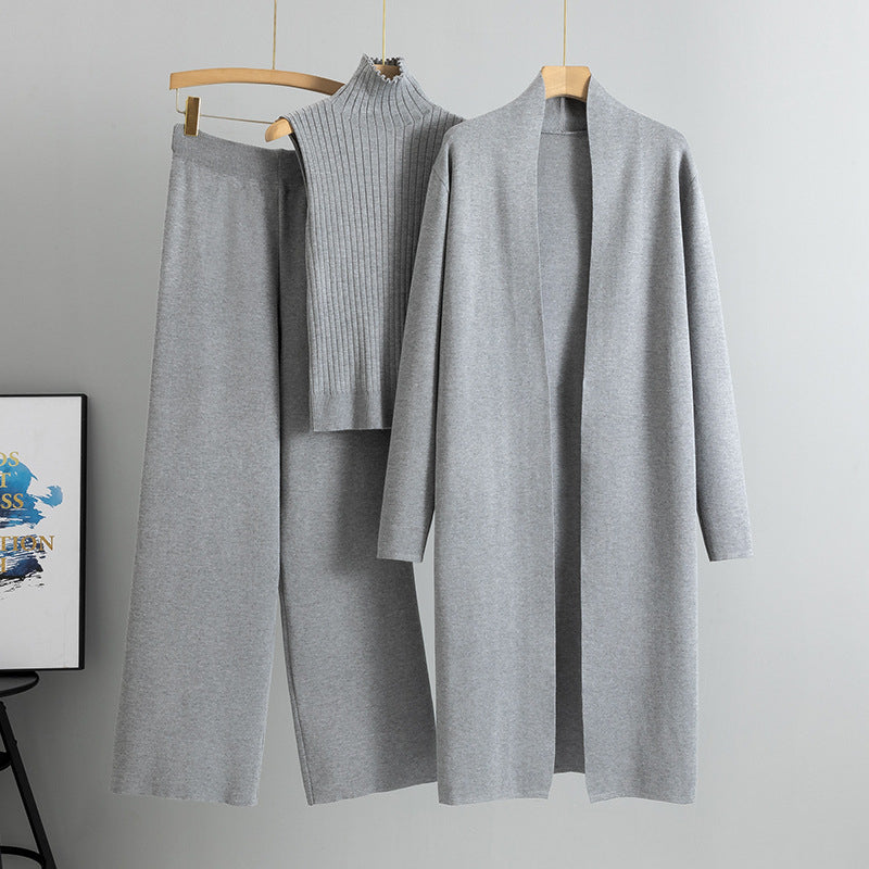Women's 3-Piece Knitwear Set – Sleeveless Vest, Long Cardigan and Wide-Leg Trousers