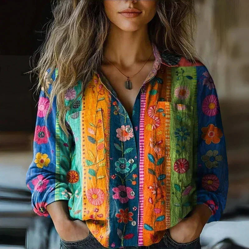 Women's Linen-Style Top – Long Sleeves, Loose Fit, 3D Pattern