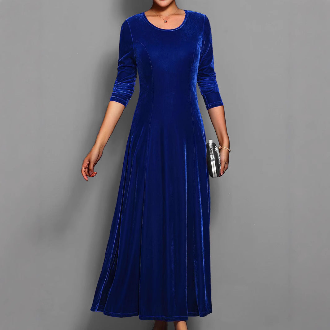 Women's Long Velvet Dress – A-Line Fit, Elegant 3/4 Sleeves