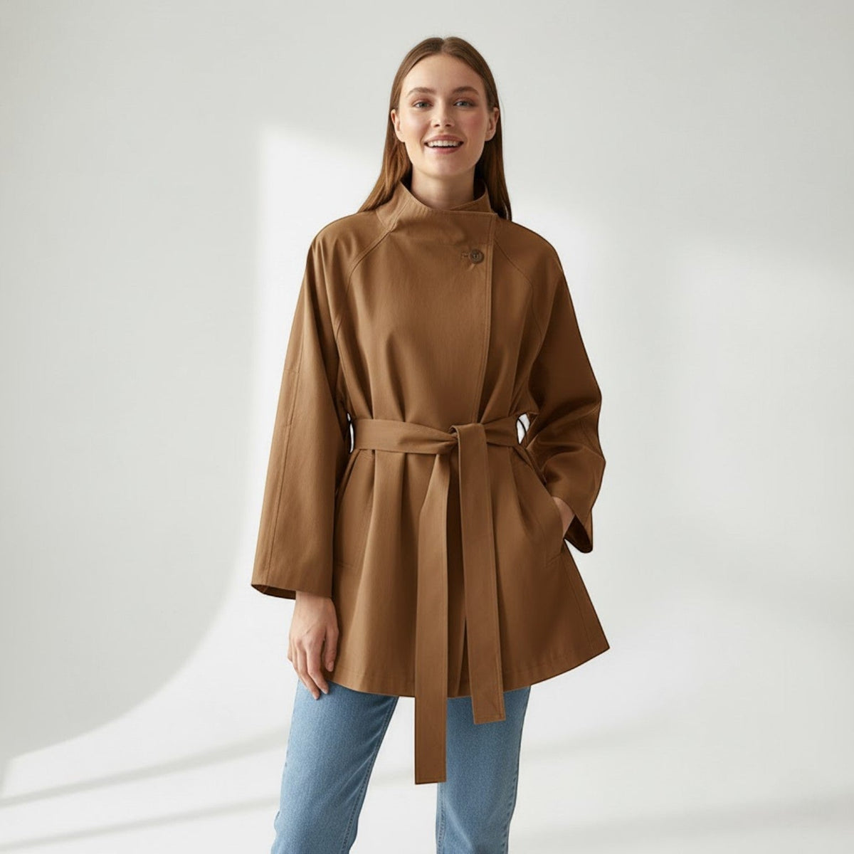Women's Cotton Windbreaker Coat – Mid-Length Belted Fit