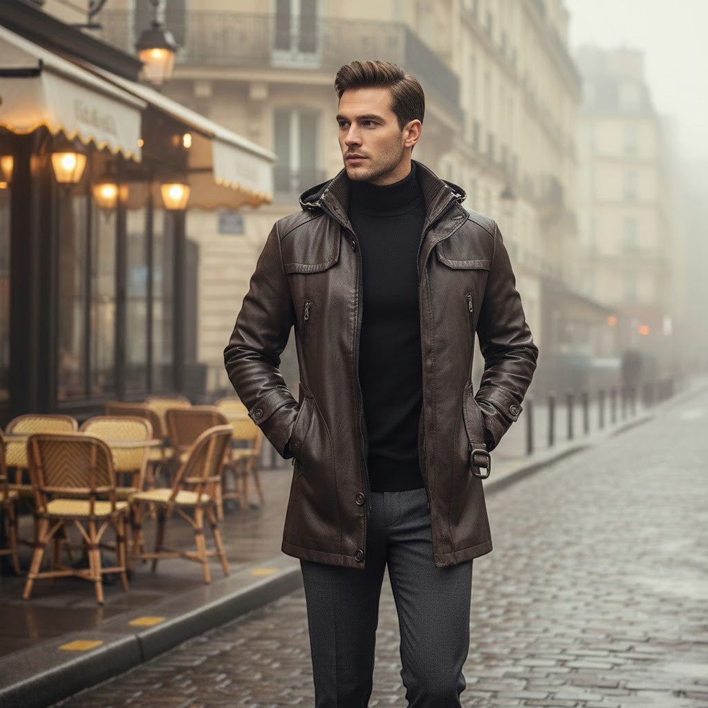 Calder Mayne | Men's Leather Coat – Mid-Length Modern Cut Trench