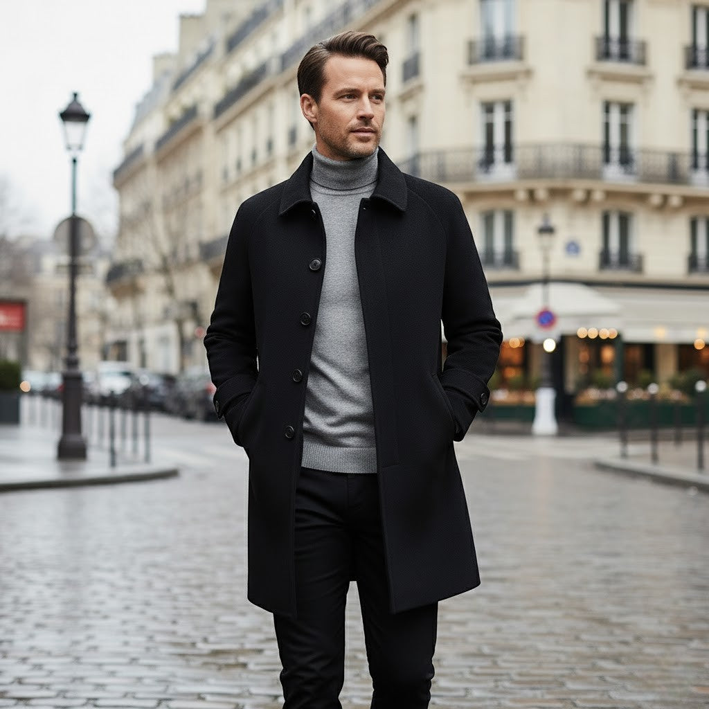 Calder Mayne | Men's 100% Cashmere Coat – Reversible Mid-Length with Single Button Closure