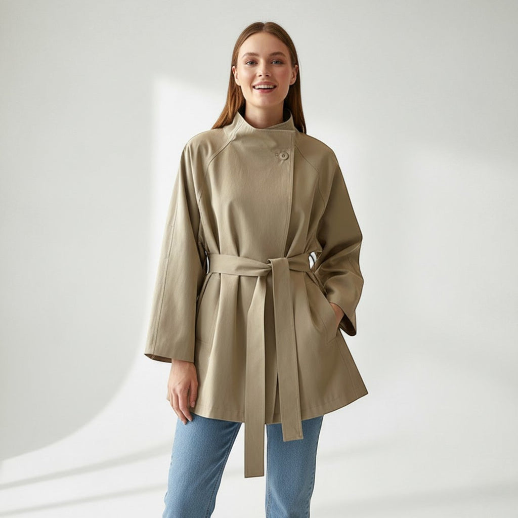 Women's Cotton Windbreaker Coat – Mid-Length Belted Fit