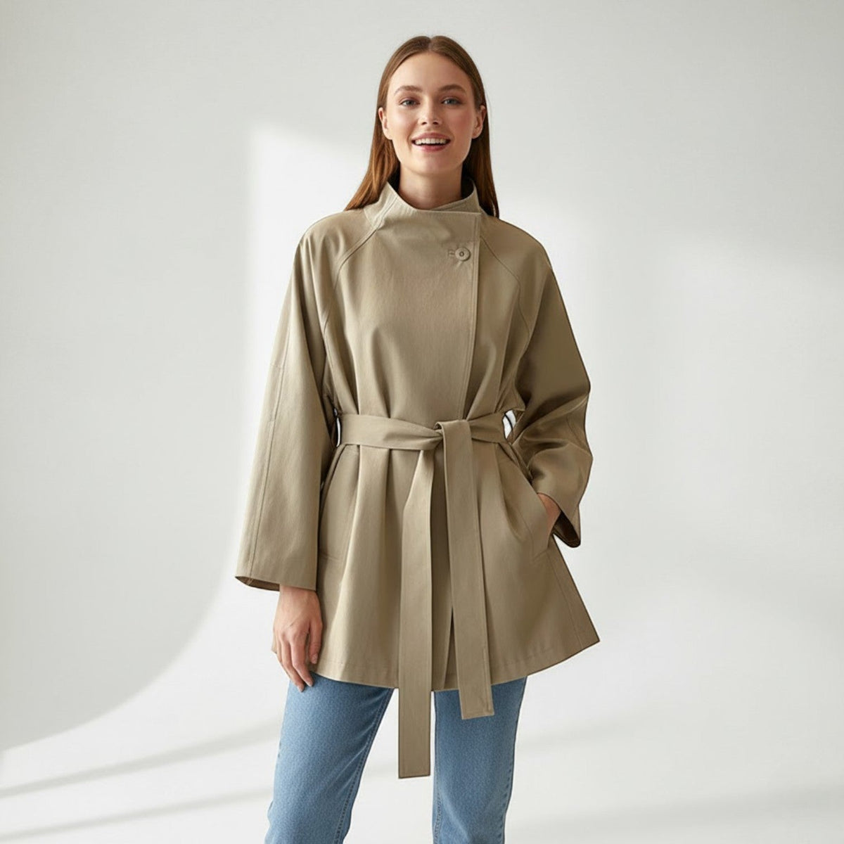 Women's Cotton Windbreaker Coat – Mid-Length Belted Fit