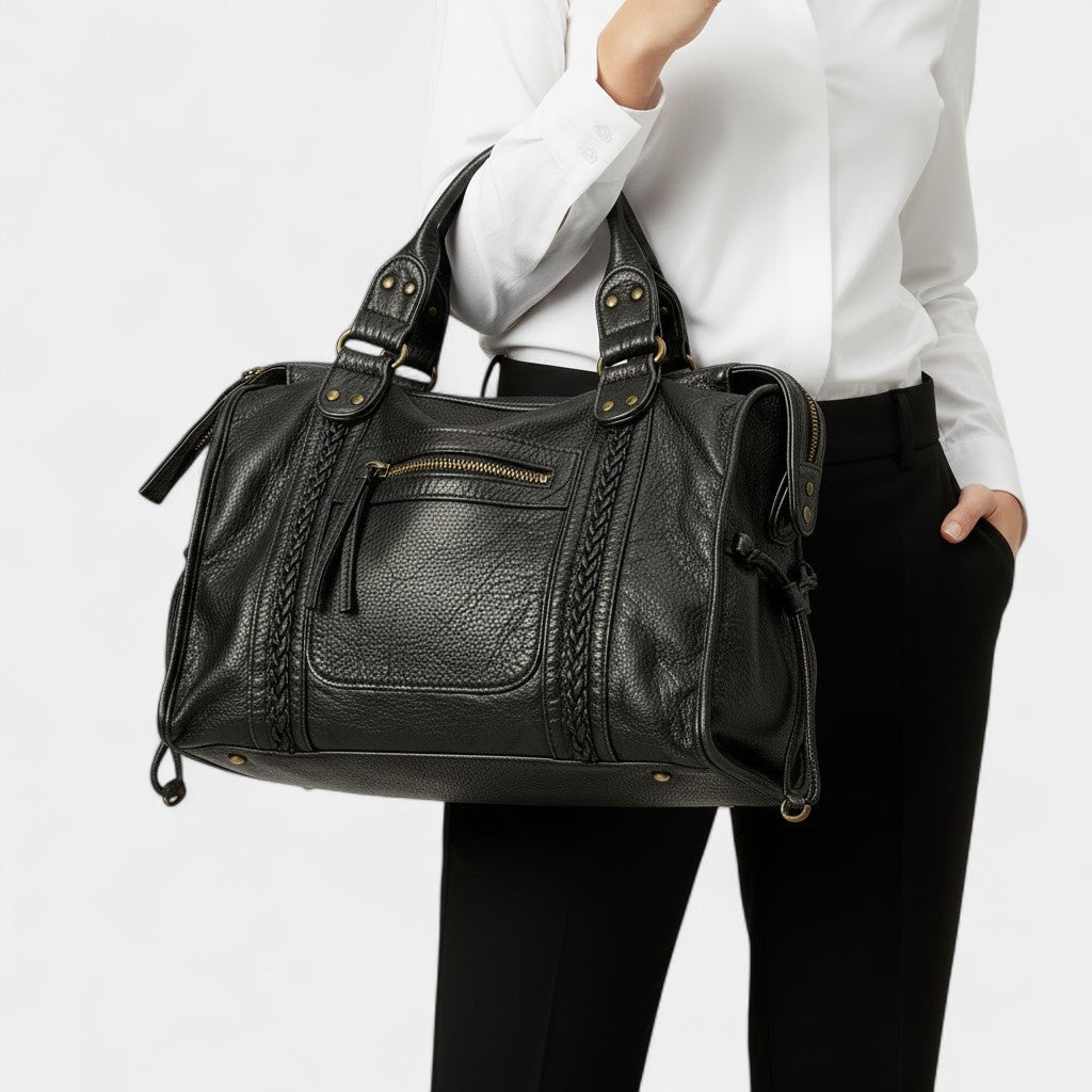 Genuine Leather Women's Handbag – Braided Detail