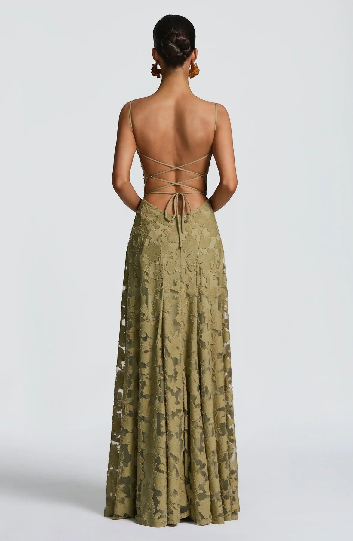 Women’s Lace-Up Backless Maxi Dress – Fitted Bodice | Textured Lace