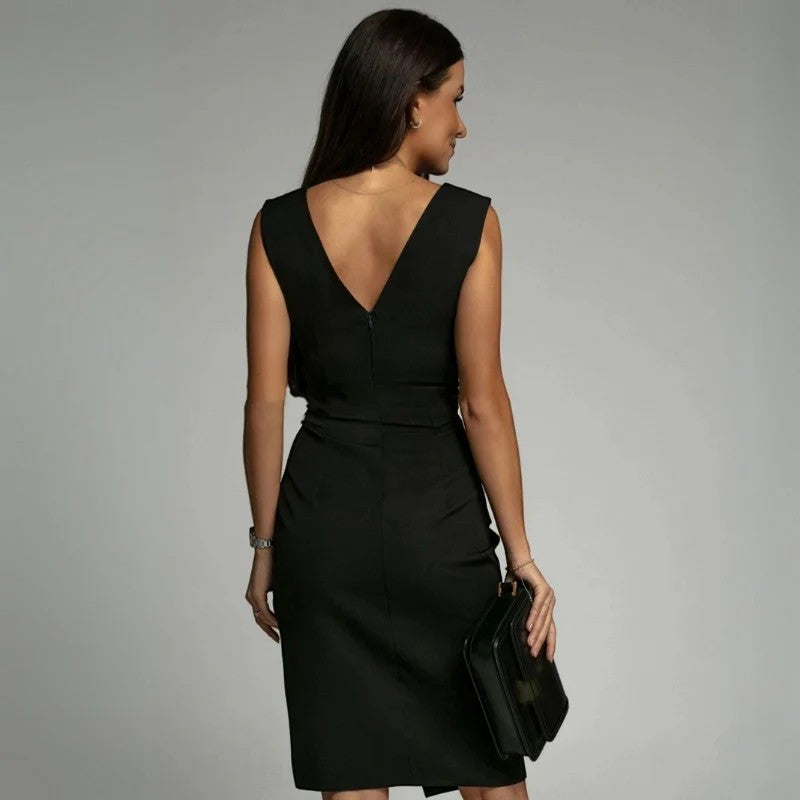 Women's sleeveless midi dress in woven fabric – Fitted cut, V-neck