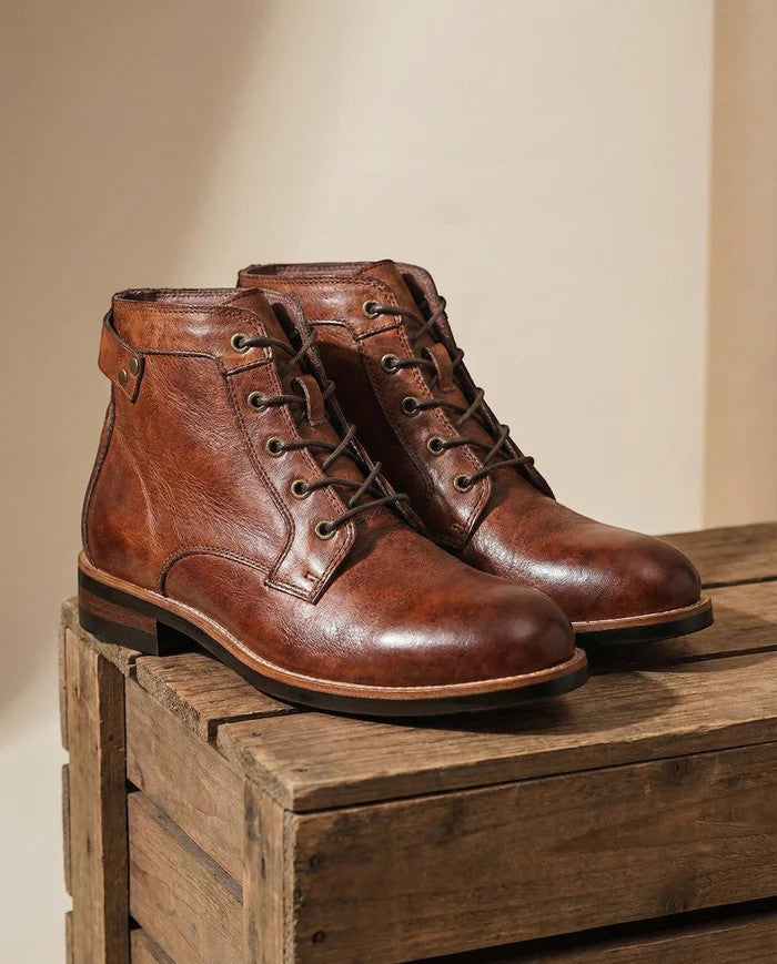 Men's lace-up cowhide leather boots – Round toe ankle support