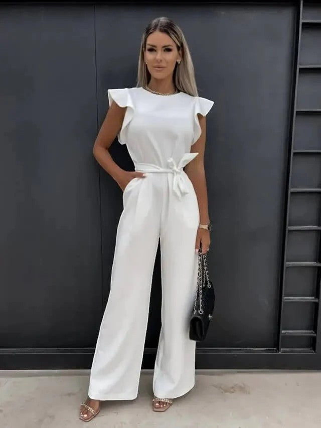 Women’s Wide-Leg Jumpsuit – High Waist with Tie Belt | Fluid Draped Woven Fabric