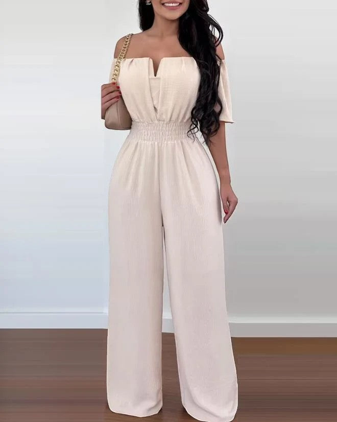 Women’s Off-Shoulder Wide-Leg Jumpsuit – Relaxed Fit | Lightweight Draped Woven Fabric