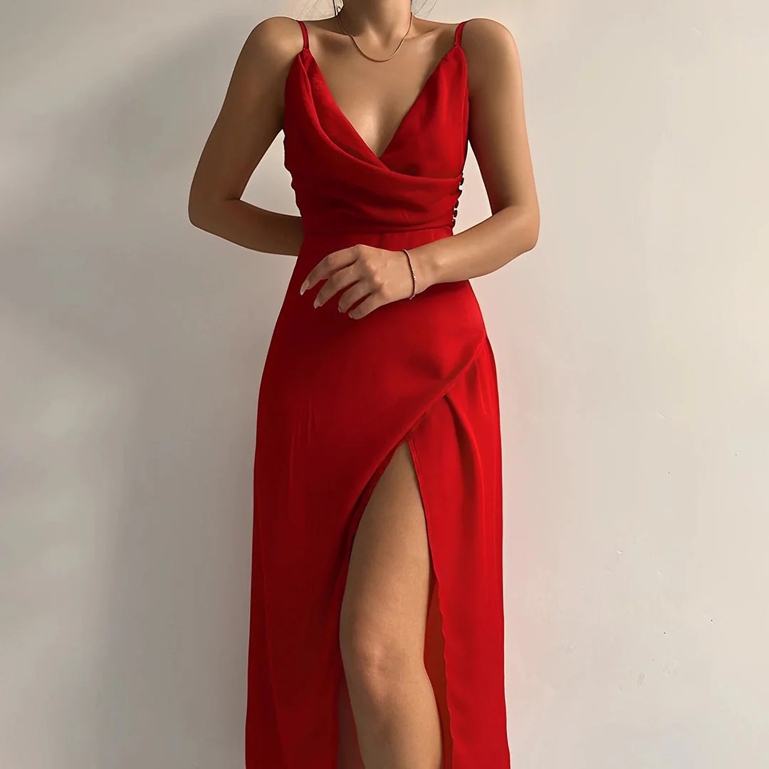 Women’s V-Neck Slit Slip Dress – Slim Fit with Straps | Silky Draped Fabric