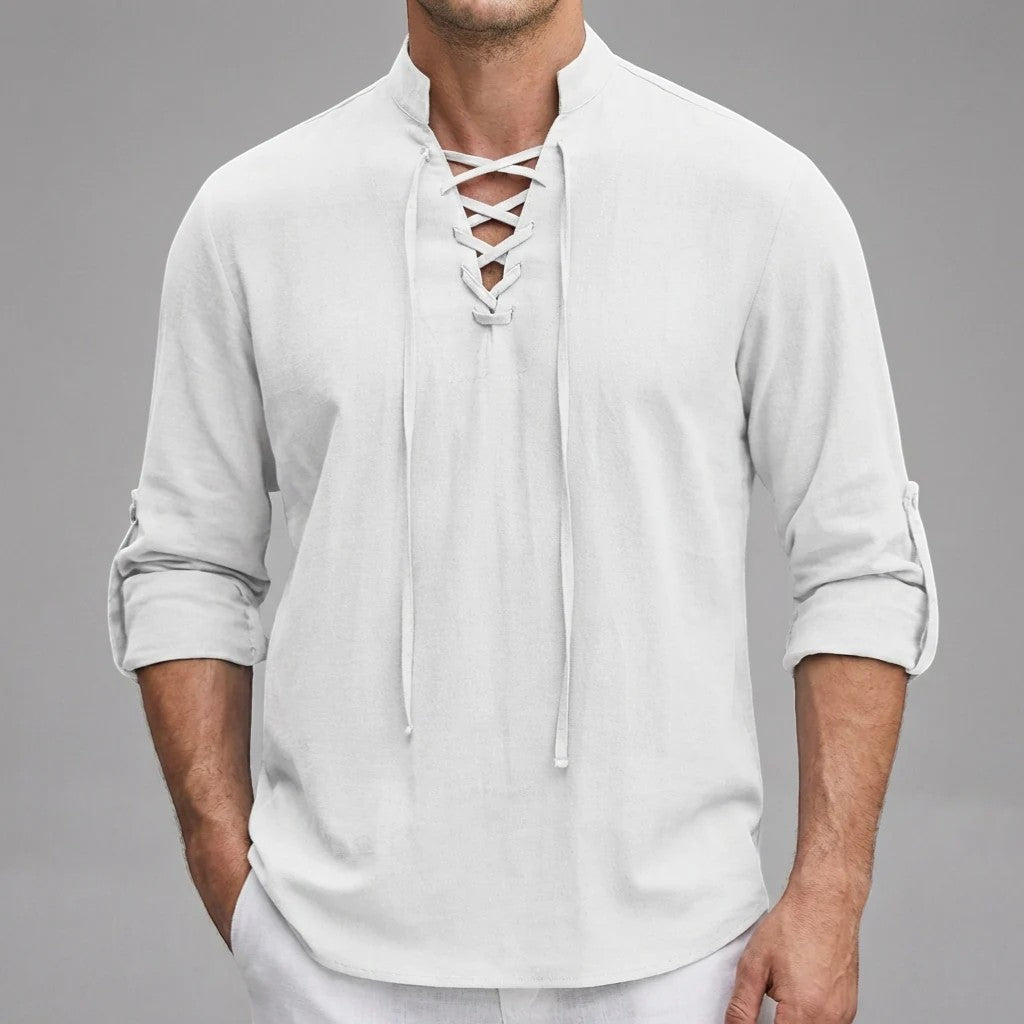 Men's linen stand-up collar lace-up shirt – Relaxed fit