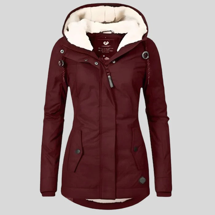Waterproof Quilted Coat Lined with Fleece for Women with Hood – Loose Fit