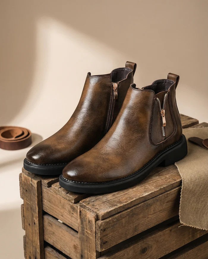 Men's laceless cowhide leather ankle boots – Side zip wedge heel