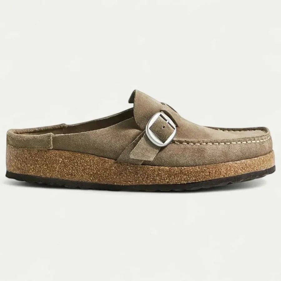 Women's suede flat mules – Buckled slip-on strap