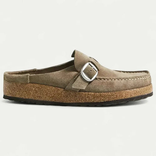Women's suede flat mules – Buckled slip-on strap