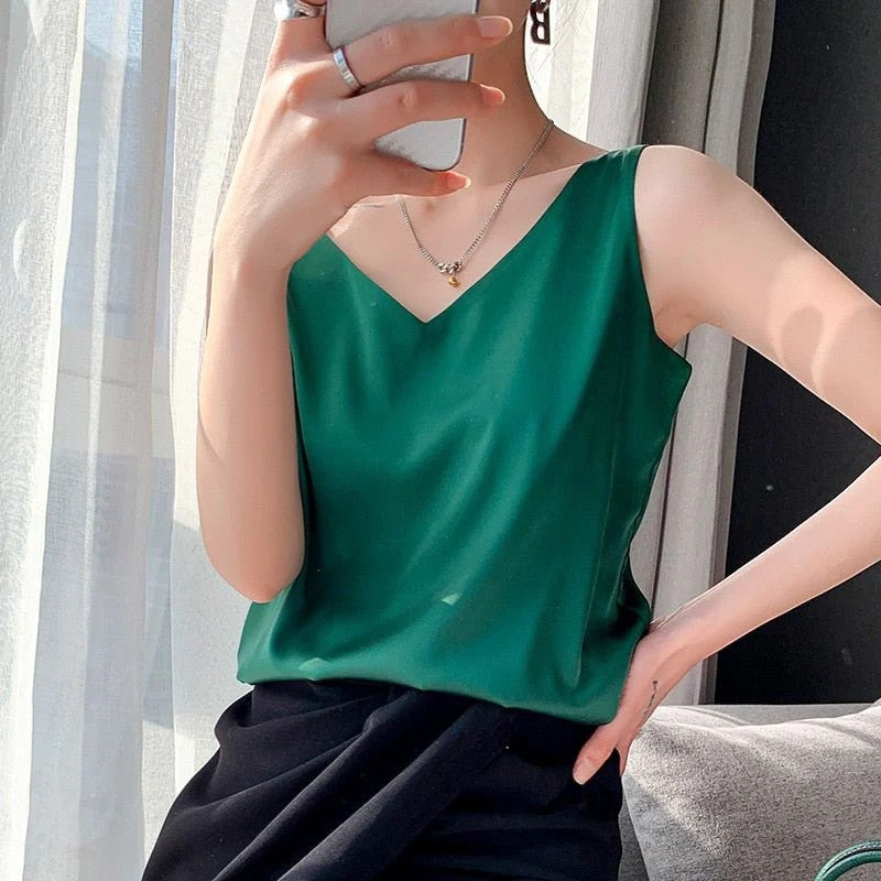 Women’s V-Neck Silk Top – Relaxed Sleeveless Fit | 100% Silk