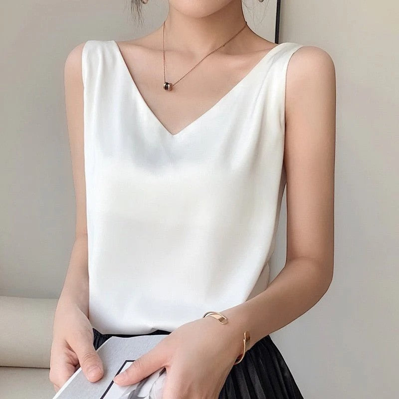 Women’s V-Neck Silk Top – Relaxed Sleeveless Fit | 100% Silk