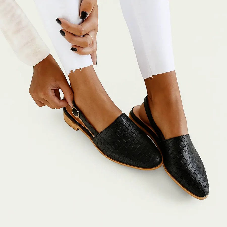 Women's flat leather slingback sandals – Pointed toe, buckle strap