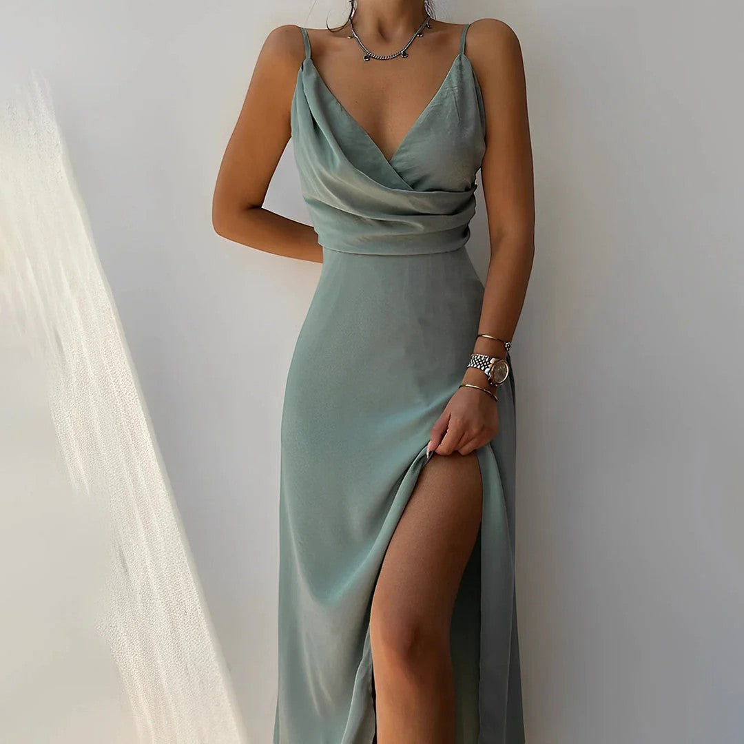 Women’s V-Neck Slit Slip Dress – Slim Fit with Straps | Silky Draped Fabric