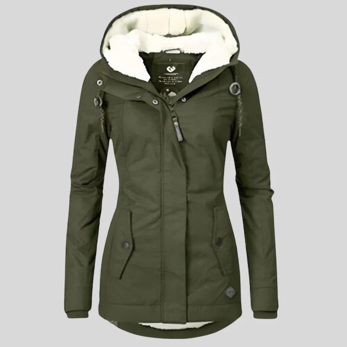 Waterproof Quilted Coat Lined with Fleece for Women with Hood – Loose Fit
