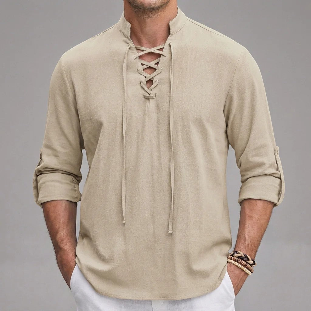 Men's linen stand-up collar lace-up shirt – Relaxed fit