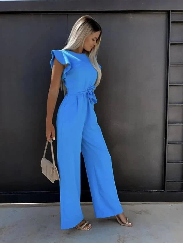 Women’s Wide-Leg Jumpsuit – High Waist with Tie Belt | Fluid Draped Woven Fabric
