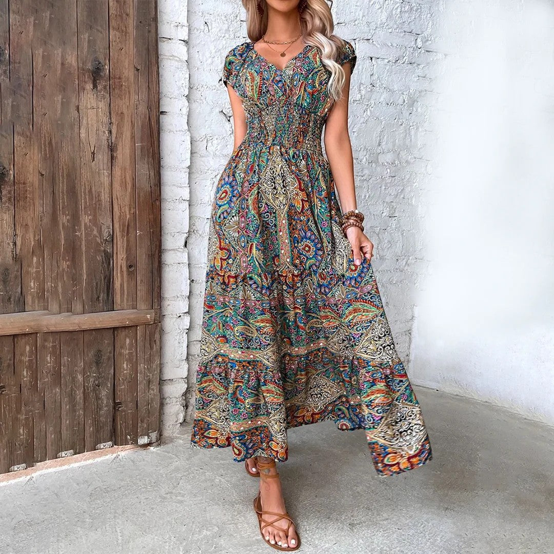Women’s Bohemian V-Neck Maxi Dress – Relaxed Fit Fluid Skirt | Lightweight Woven Fabric