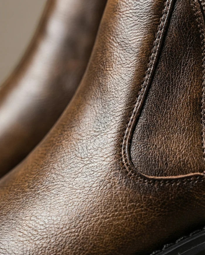 Men's laceless cowhide leather ankle boots – Side zip wedge heel