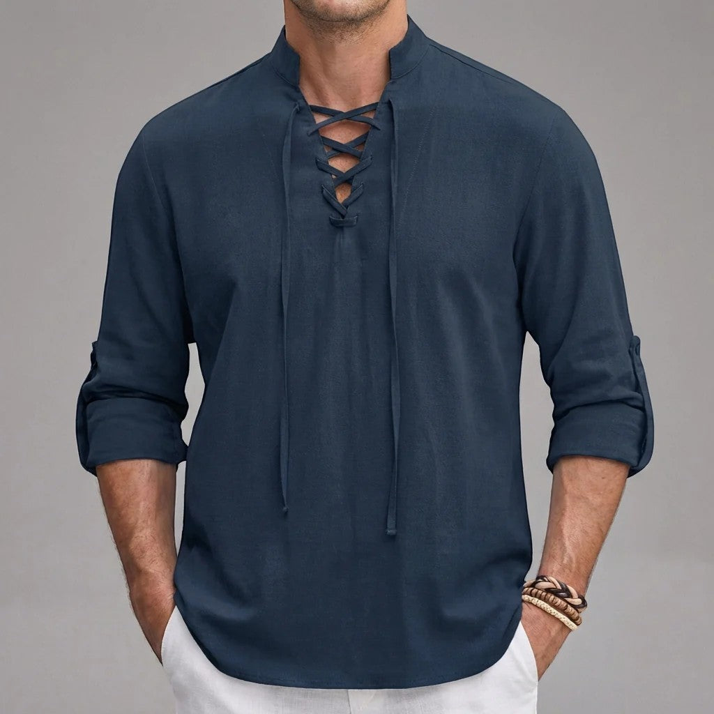 Men's linen stand-up collar lace-up shirt – Relaxed fit