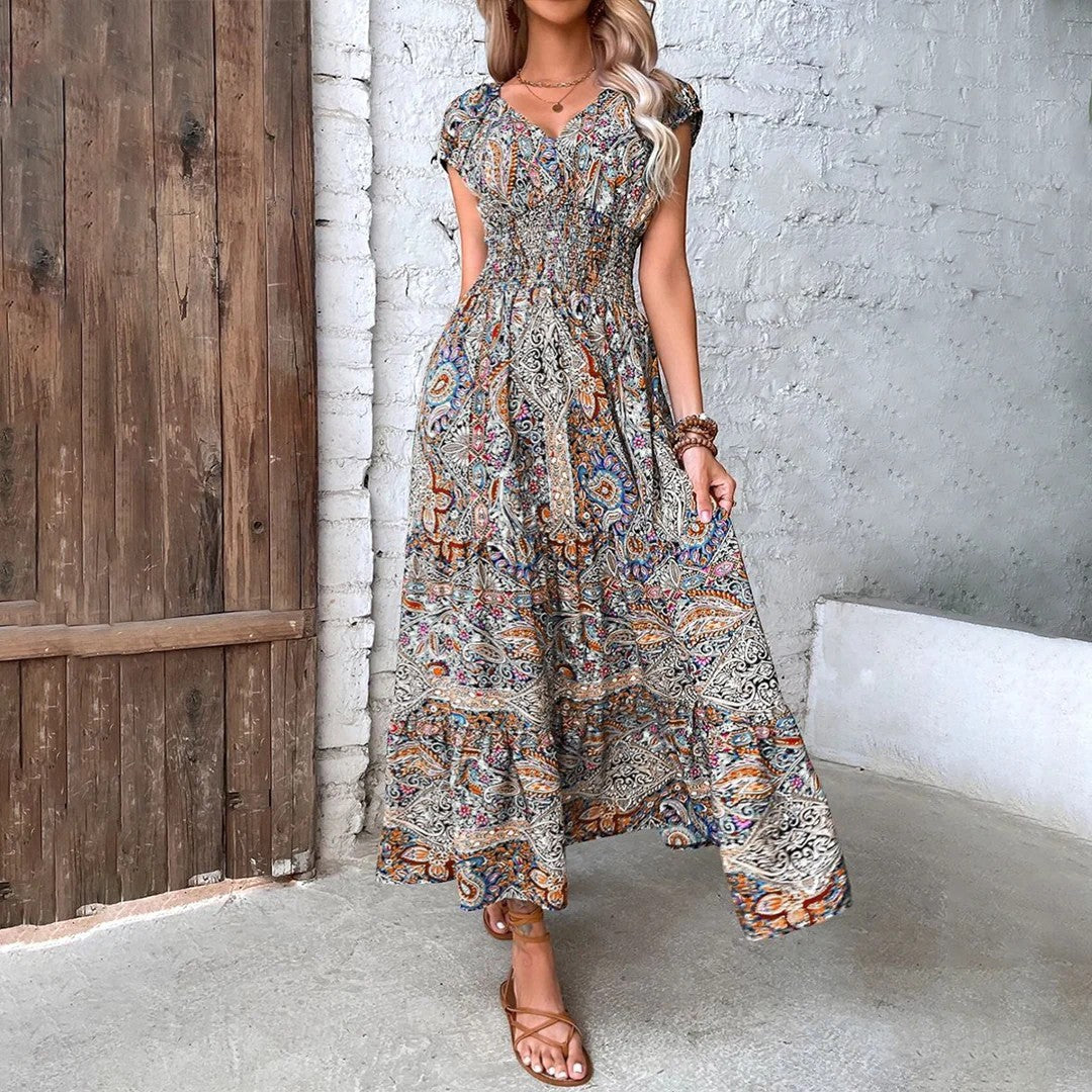 Women’s Bohemian V-Neck Maxi Dress – Relaxed Fit Fluid Skirt | Lightweight Woven Fabric