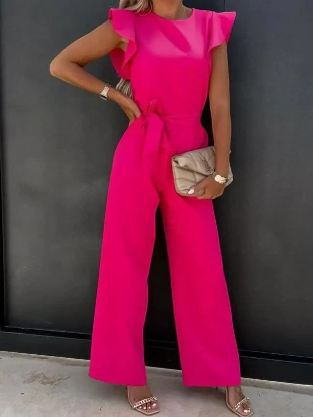 Women’s Wide-Leg Jumpsuit – High Waist with Tie Belt | Fluid Draped Woven Fabric