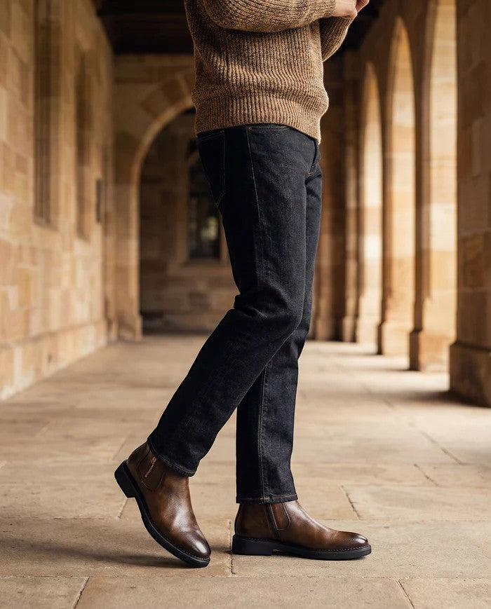 Men's laceless cowhide leather ankle boots – Side zip wedge heel