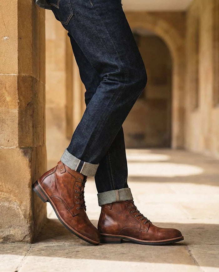 Men's lace-up cowhide leather boots – Round toe ankle support