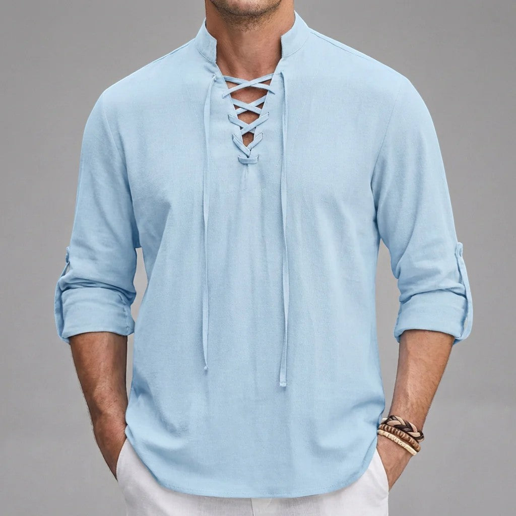 Men's linen stand-up collar lace-up shirt – Relaxed fit