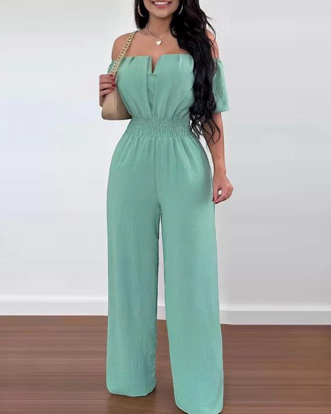 Women’s Off-Shoulder Wide-Leg Jumpsuit – Relaxed Fit | Lightweight Draped Woven Fabric