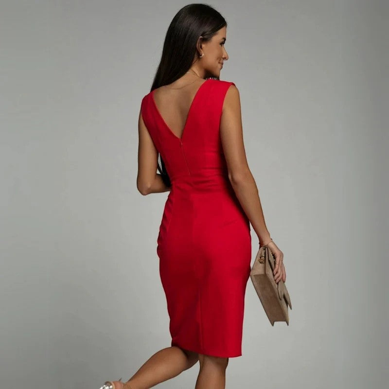 Women's sleeveless midi dress in woven fabric – Fitted cut, V-neck