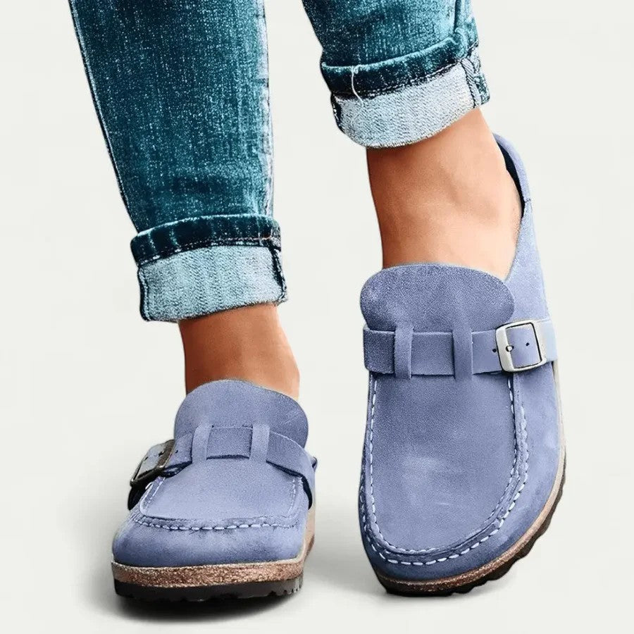 Women's suede flat mules – Buckled slip-on strap