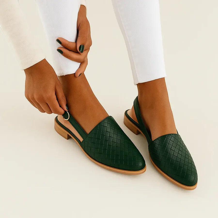 Women's flat leather slingback sandals – Pointed toe, buckle strap