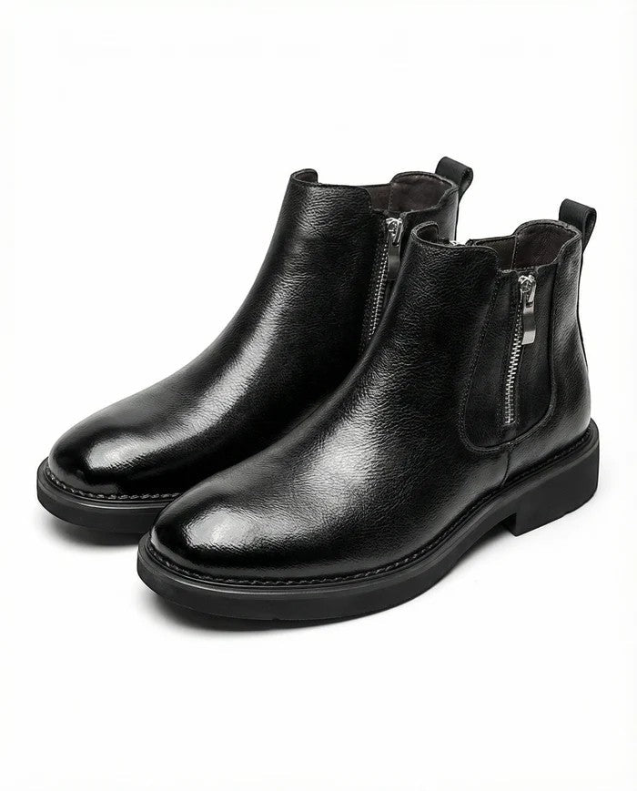 Men's laceless cowhide leather ankle boots – Side zip wedge heel