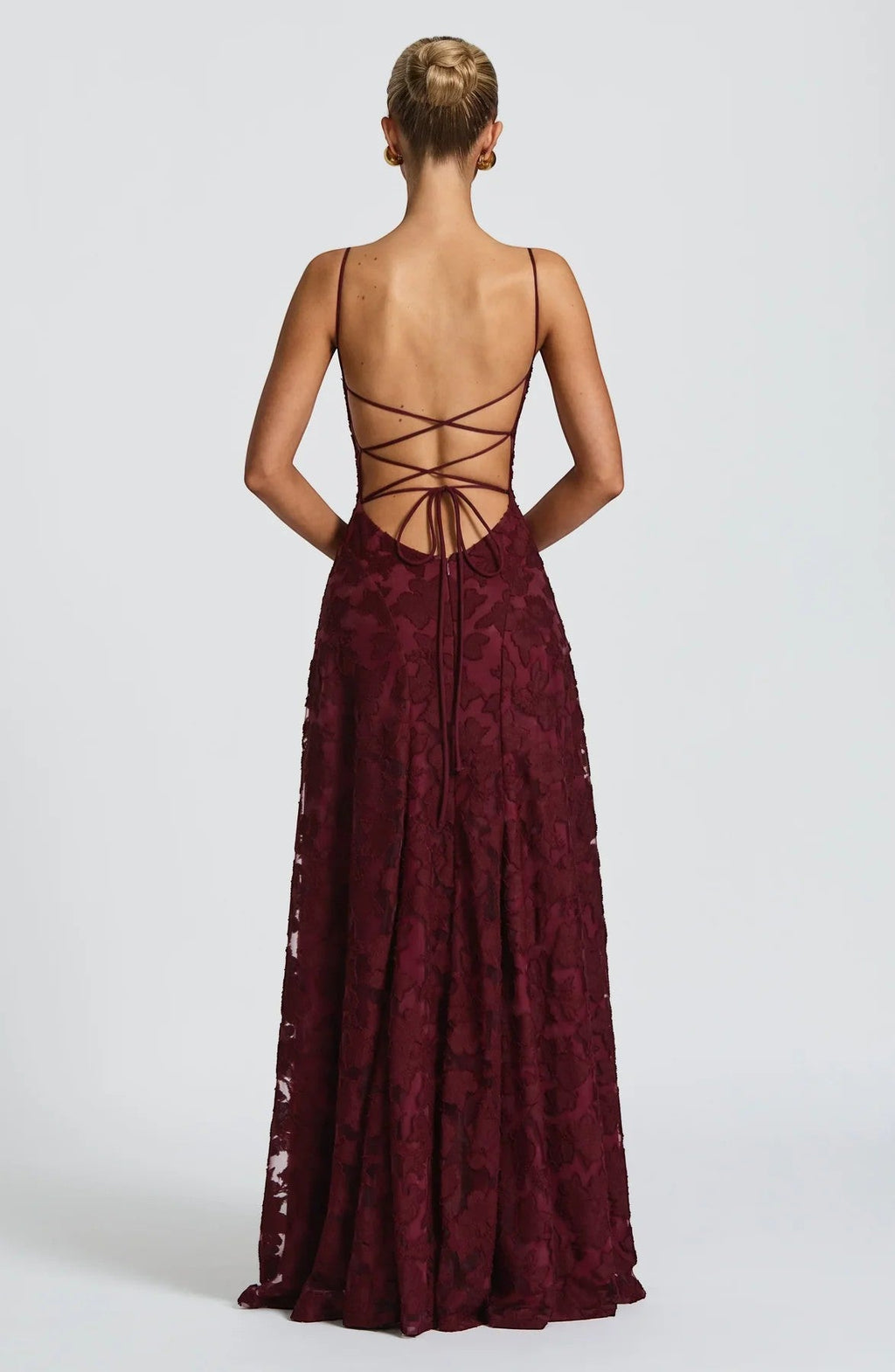 Women’s Lace-Up Backless Maxi Dress – Fitted Bodice | Textured Lace