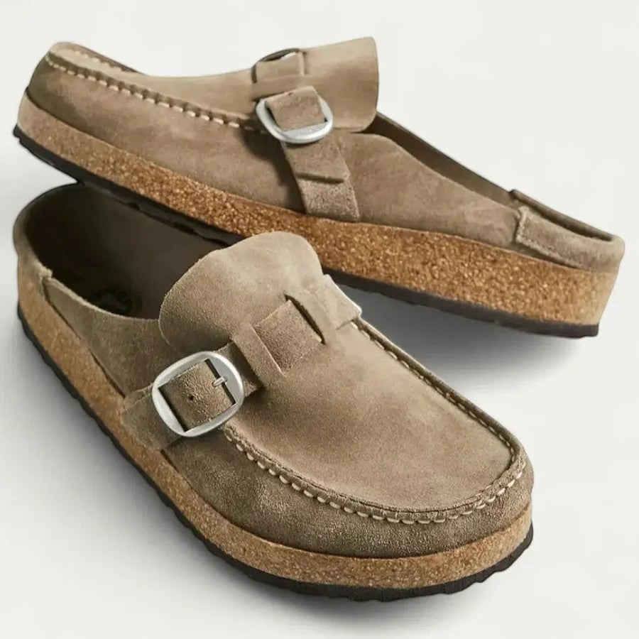 Women's suede flat mules – Buckled slip-on strap